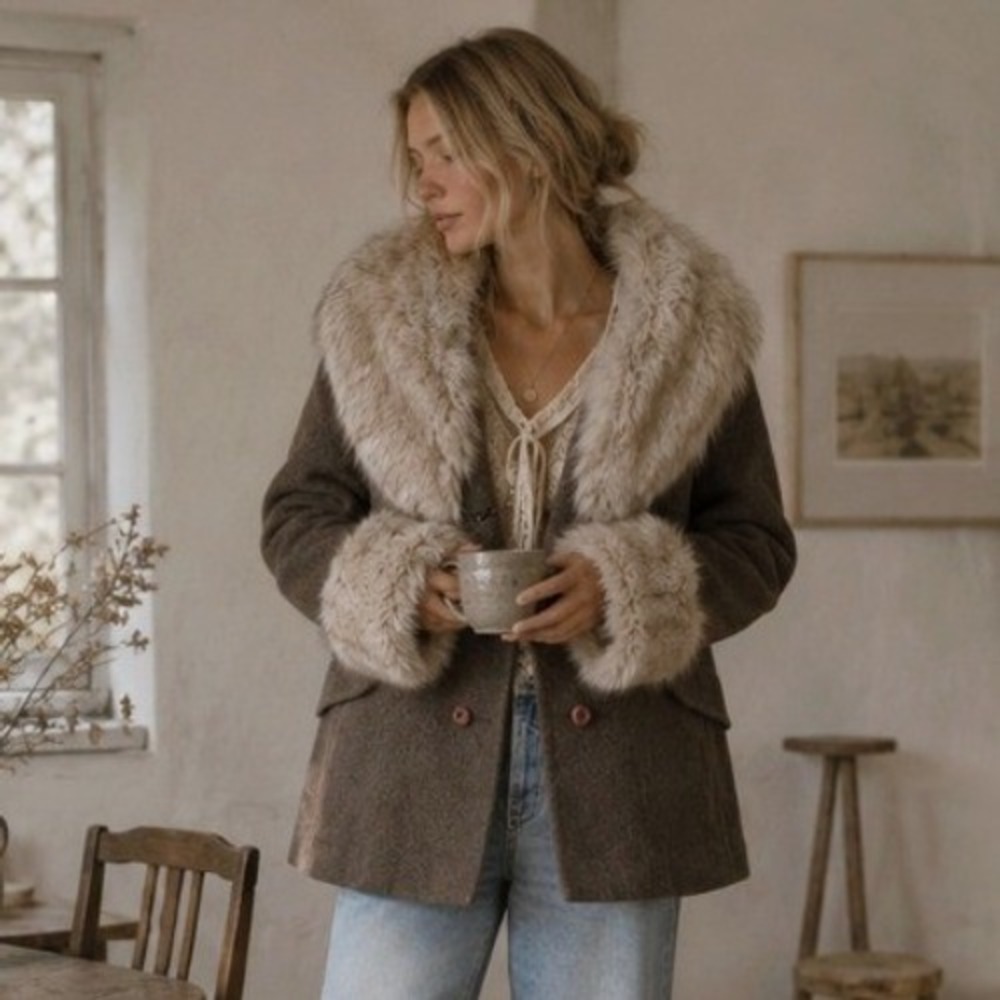 Vintage Wool Coat Fur Collar Cuffs Double Breasted M Brown Scandigirl Mob‎ Wife